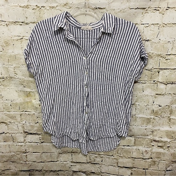 Jane & Delancey Blue Striped Cuffed Sleeve V Neck Button Up - Picture 1 of 5